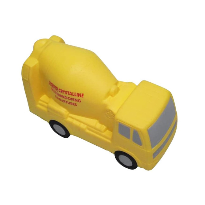 A yellow cement mixer car-shaped stress reliever with black wheels and grey details. It includes a logo.