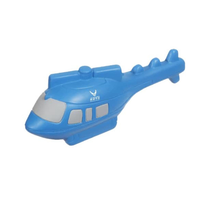 A blue helicopter-shaped stress reliever with a smooth surface and a simple design, featuring a logo.
