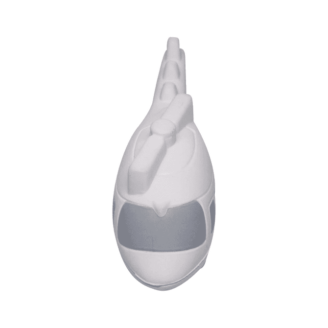 A helicopter-shaped stress reliever in white and grey with a logo on the side.