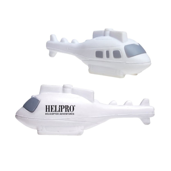 A white helicopter-shaped stress reliever with a logo on one side and a smooth finish, ideal for stress relief.