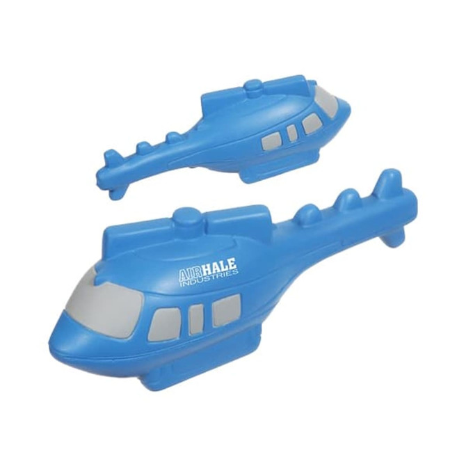 A blue helicopter-shaped stress reliever featuring a logo, designed for fun and stress relief.