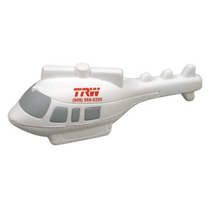 A white helicopter-shaped stress reliever with a grey cockpit and a branding logo on the side.