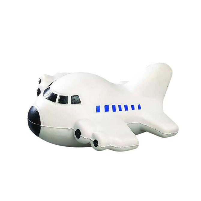 A white aircraft-shaped stress reliever with blue detailing and a black nose, featuring a logo on its side.