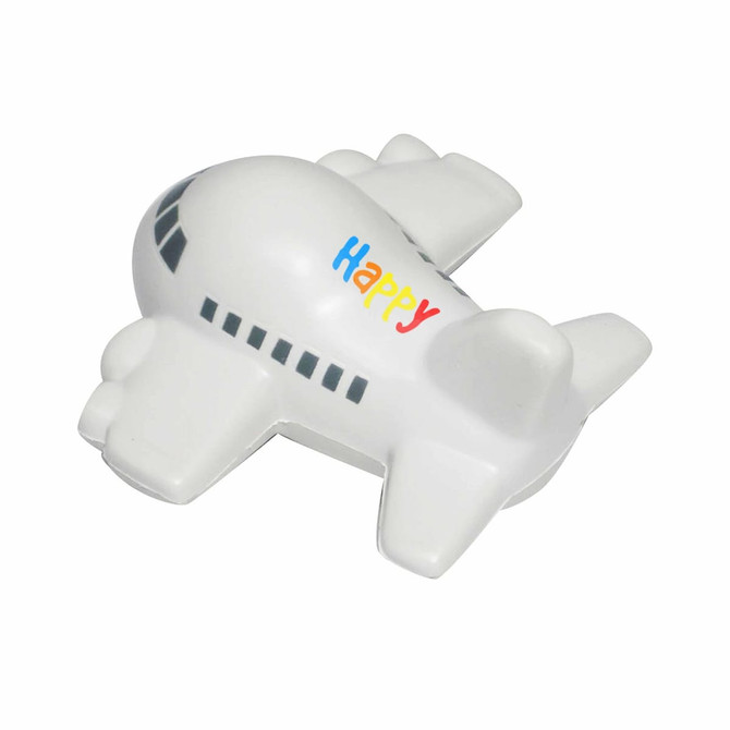 A white aircraft-shaped stress reliever with multi-coloured lettering and detailing resembles an airplane.