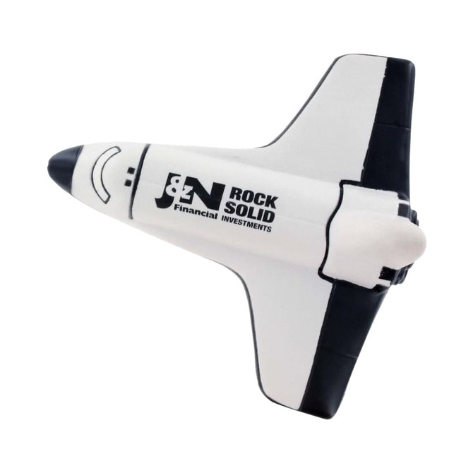 A white and black shuttle-shaped stress reliever with a logo on its side.