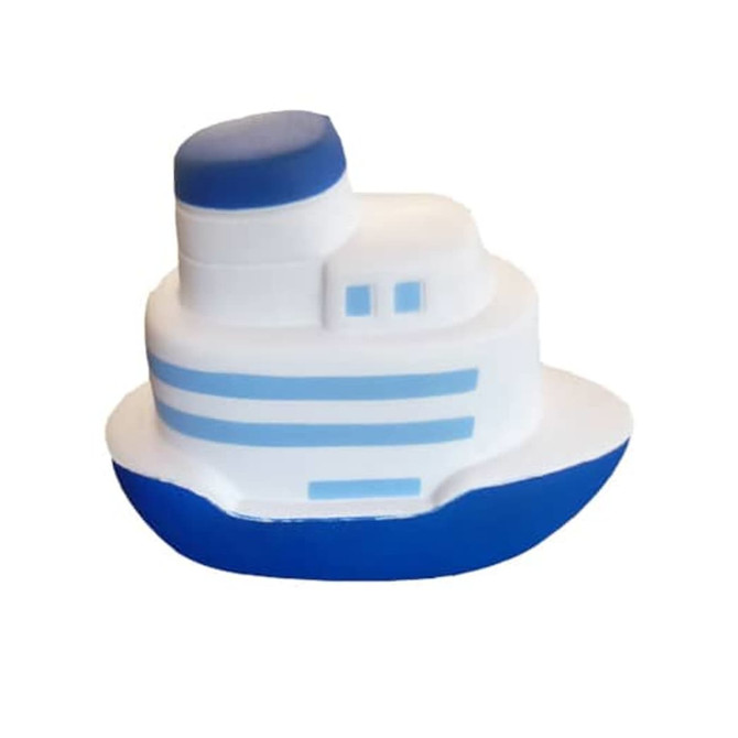 A blue and white ship-shaped stress reliever with a smooth texture and a simple design.