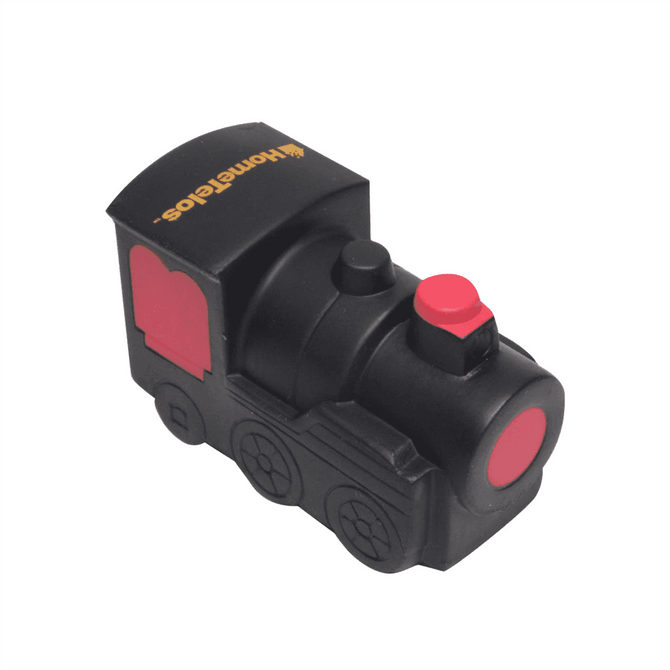 A black and red locomotive-shaped stress reliever with a logo on top.