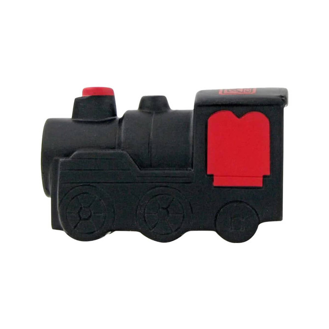 A black and red locomotive-shaped stress reliever with textured wheels and a simple design.
