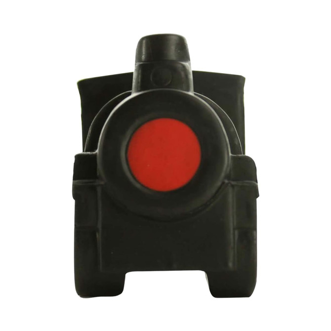 A black locomotive-shaped stress reliever with a red circular detail, featuring an emblem or logo.