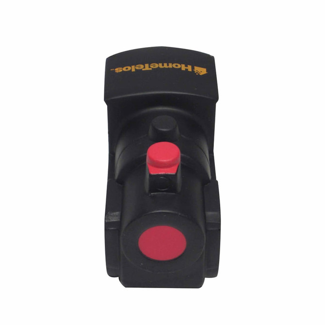 A black locomotive-shaped stress reliever with a red button and circular detail, featuring a logo on top.