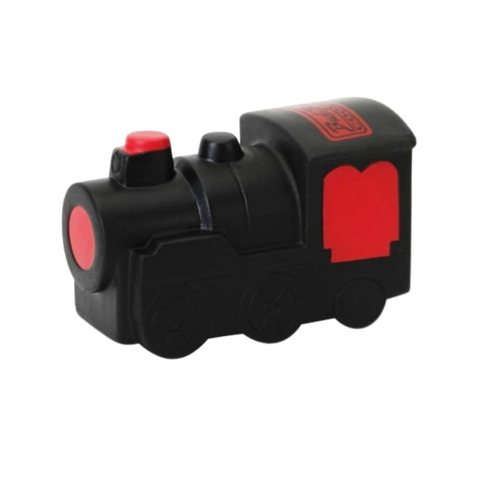 A black and red locomotive-shaped stress reliever with buttons and a logo on one side.
