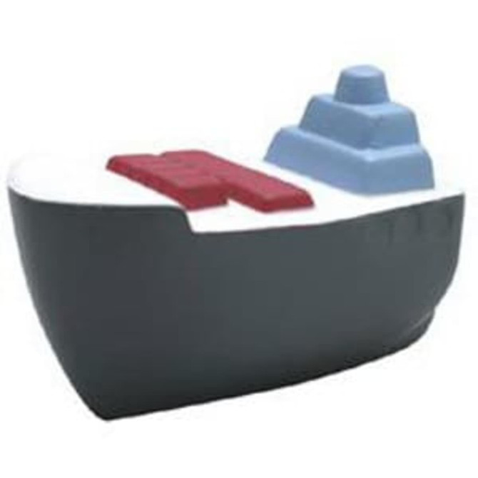 A grey, blue, and red stress reliever shaped like a container ship, featuring a simple design and a logo.