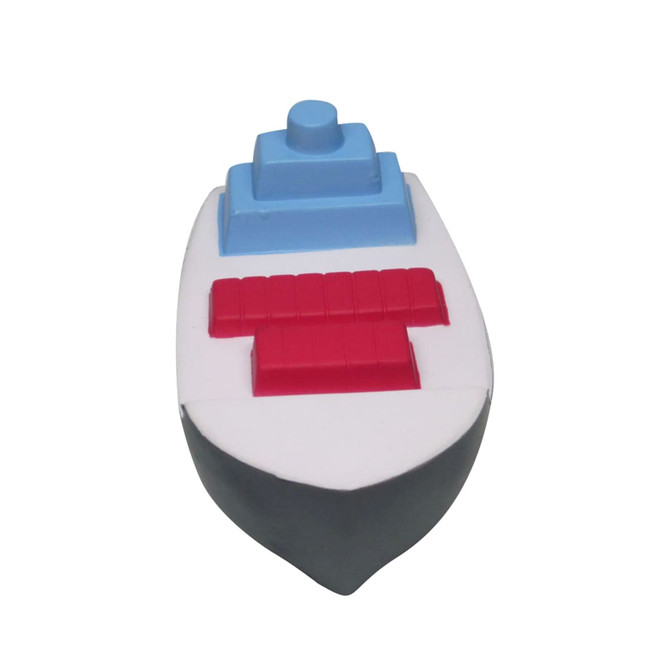 A stress reliever shaped like a container ship in blue, red, and white, featuring a logo on the side.
