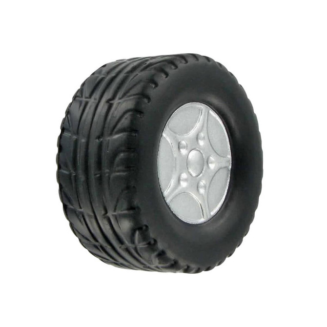 A black tyre-shaped stress reliever with a silver wheel rim, featuring detailed tread design.