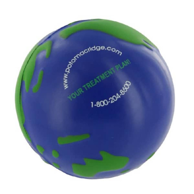 A blue and green stress ball shaped like Earth, featuring a logo and text on the surface.