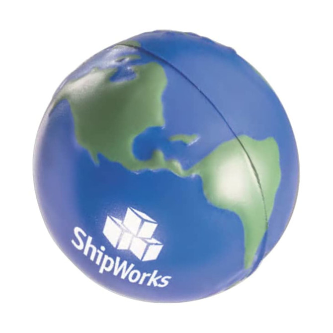 A blue and green stress ball shaped like the Earth, featuring a logo on one side.