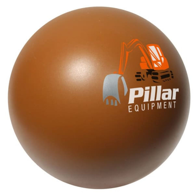 A brown baseball-shaped stress reliever with a logo on one side. Round and smooth surface, ideal for stress relief.