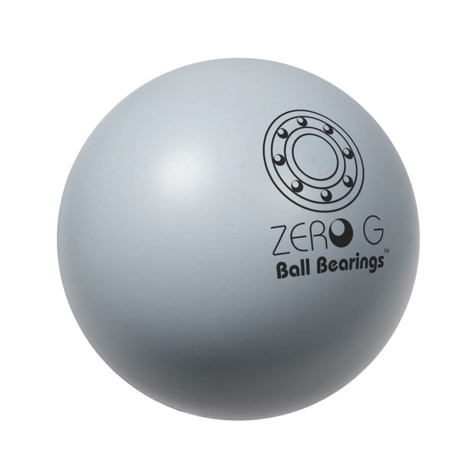 A silver baseball-shaped stress reliever featuring a logo. It has a smooth, rounded surface.