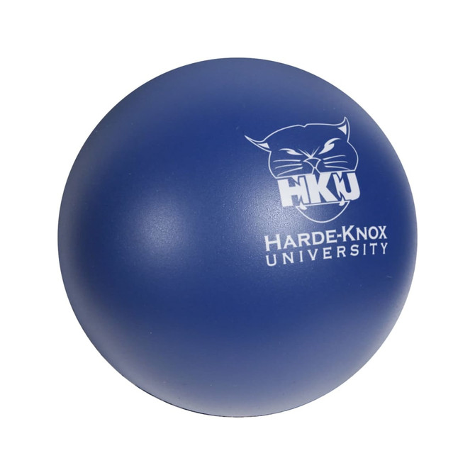 A blue stress ball in the shape of a baseball, featuring a logo.