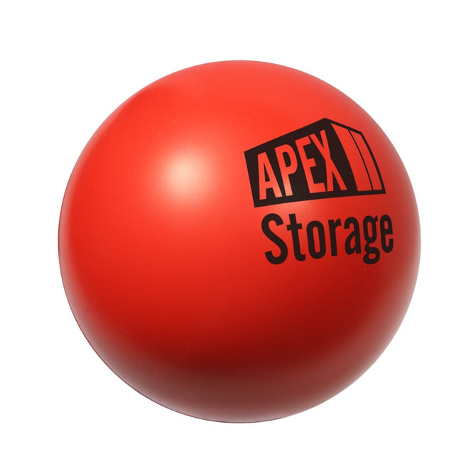 A round red stress ball shaped like a baseball, featuring a logo on one side.