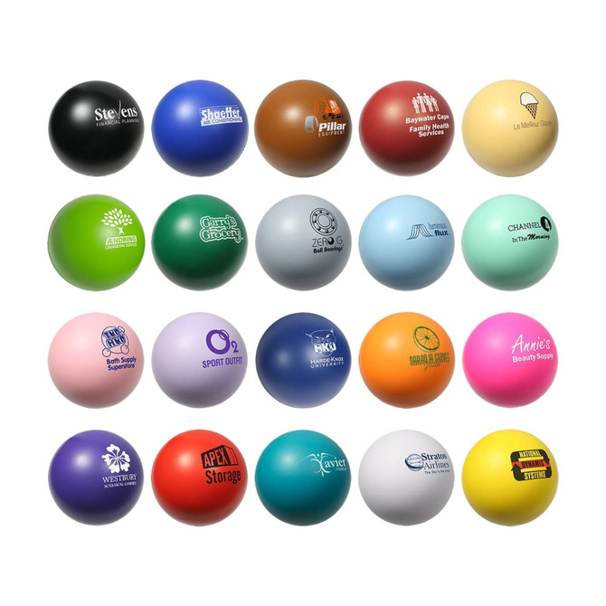 A collection of 80mm baseball-shaped stress relievers in various colours, featuring different logos and branding.