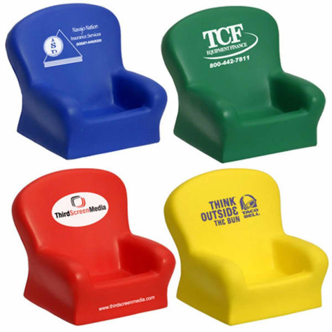 A group of small chair-shaped stress relievers in blue, green, red, and yellow, featuring various logos.