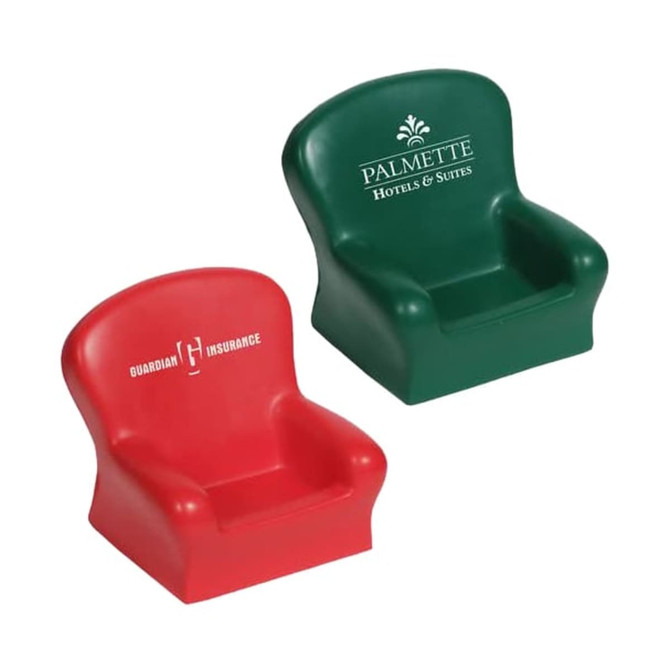 Two chair-shaped stress relievers in red and green, featuring logos on each side.