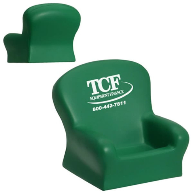 A green stress reliever in the shape of a seat, featuring a logo on one side.