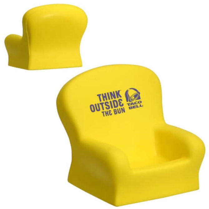 A yellow stress reliever shaped like a small chair, featuring a logo on one side.