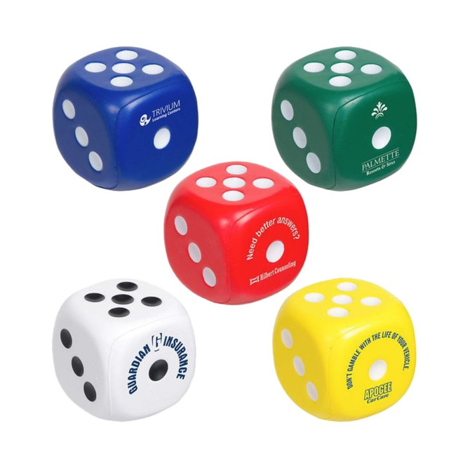 A set of colourful dice-shaped stress relievers in blue, green, red, white, and yellow, featuring various logos.