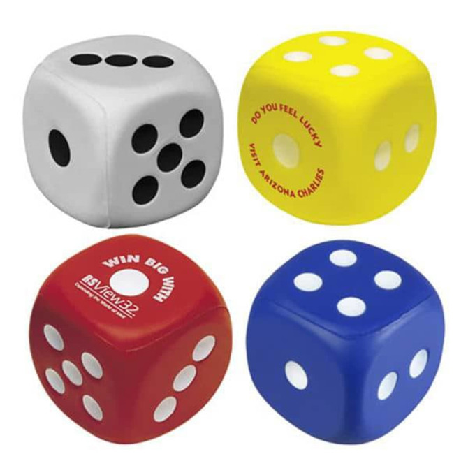 A set of four dice-shaped stress relievers in white, yellow, red, and blue, featuring dots and a logo.