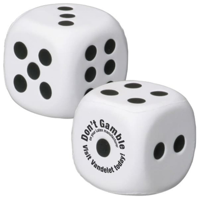 A white dice-shaped stress reliever featuring black dots and a logo on one side.