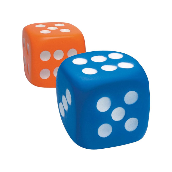 Two stress reliever dice, one orange and one blue, with white dots on each face. Includes a logo.