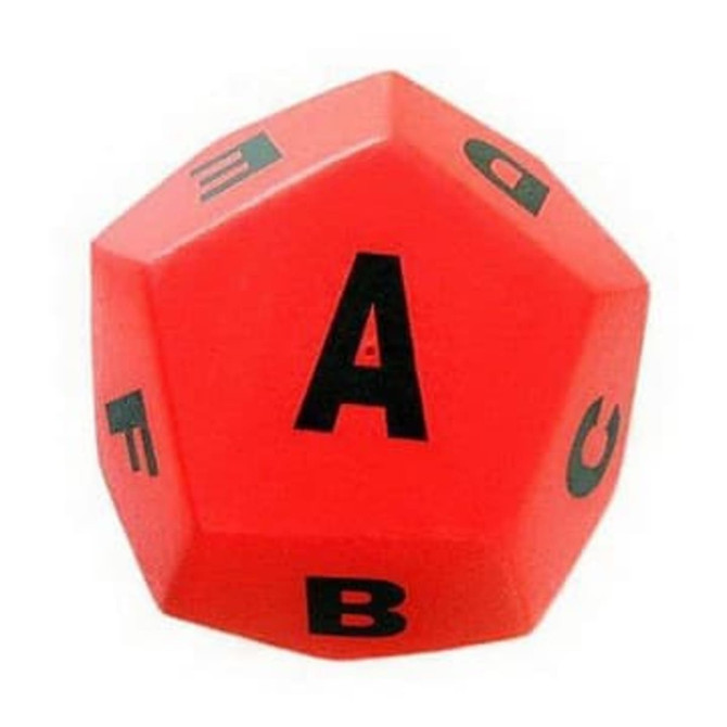 A red dodecagon-shaped stress reliever with black letters A, B, C, D, E, F, G, H, I, J, K, L, M.