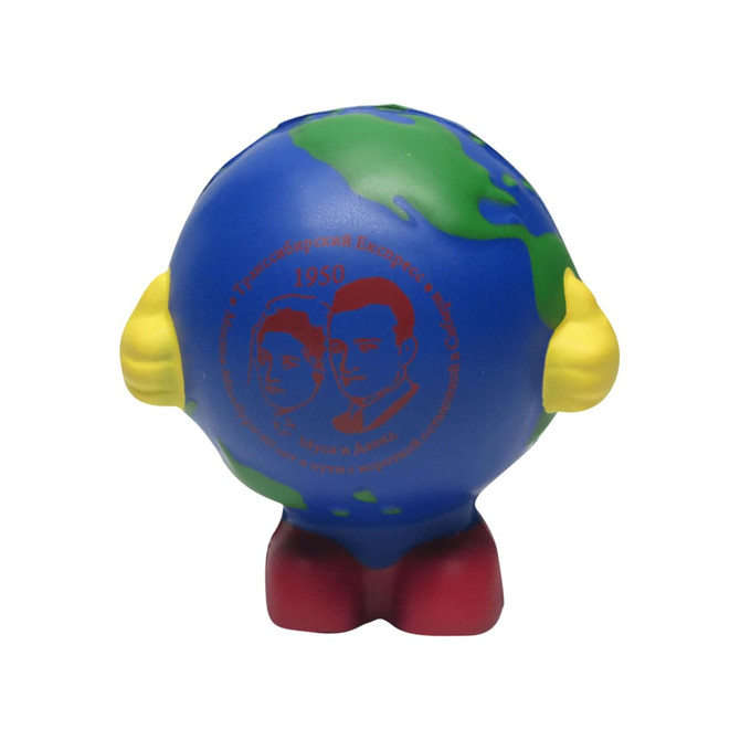 A cartoon-style stress ball shaped like Earth, featuring blue, green, yellow, and red colours with arms and a base.