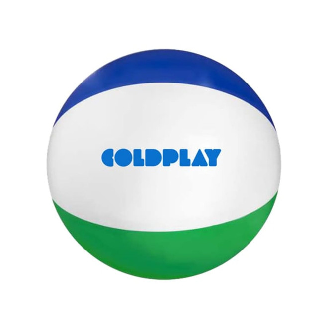 A colourful beach ball-shaped stress reliever with blue, white, and green sections, featuring a logo.