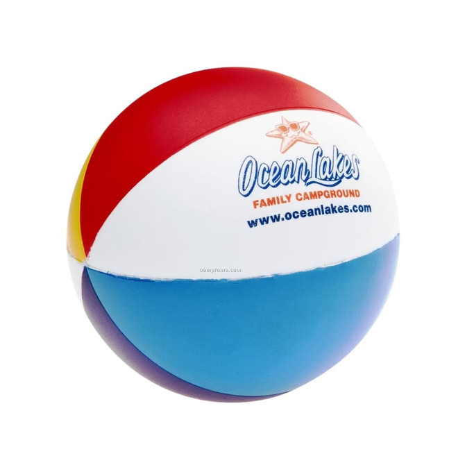 A colourful beach ball-shaped stress reliever featuring red, blue, yellow, and white panels and a logo.