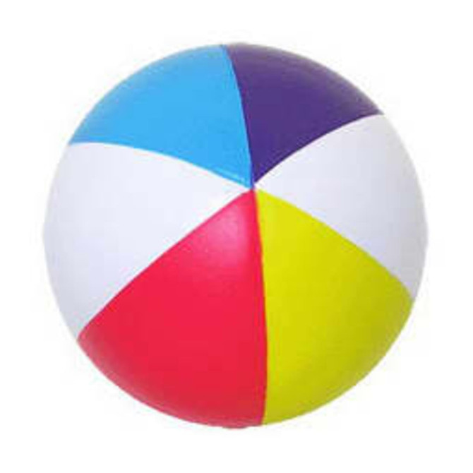 A multi-coloured beach ball stress reliever featuring blue, red, yellow, white, and purple sections. Includes a logo.