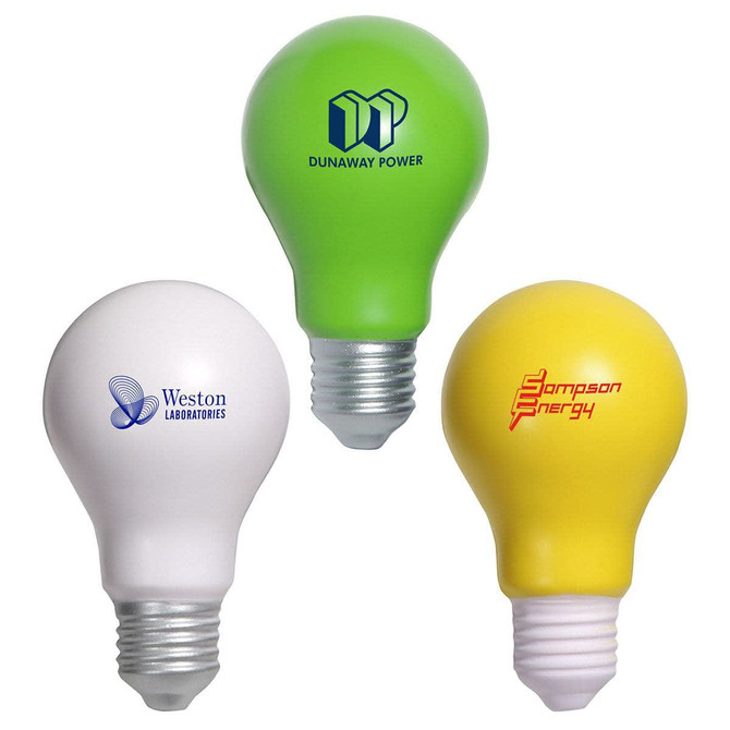 A set of three bulb-shaped stress relievers in white, green, and yellow, each featuring a logo.