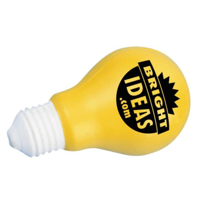 A yellow bulb-shaped stress reliever with a white base, featuring a logo.