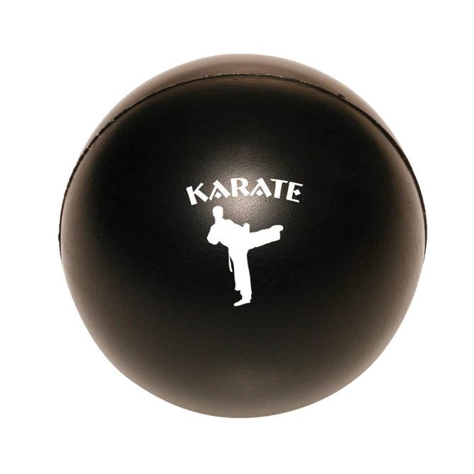A black stress ball shaped like a karate ball, featuring a silhouette of a martial artist and a logo.