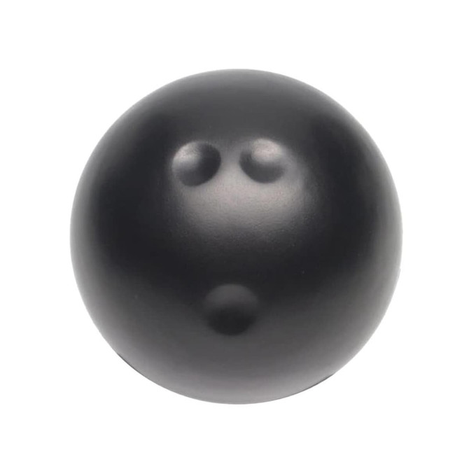 A black bowling ball-shaped stress reliever with three indents, featuring a simple design and a logo.