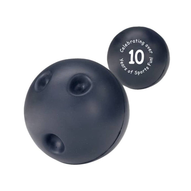 A bowling ball shape stress reliever in black, accompanied by a smaller ball, featuring a logo.