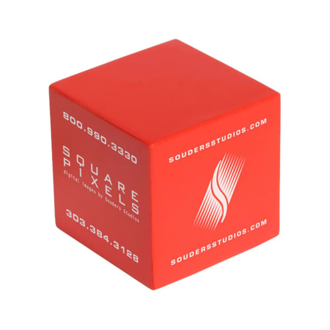 A red cube-shaped stress reliever with branding on the sides.
