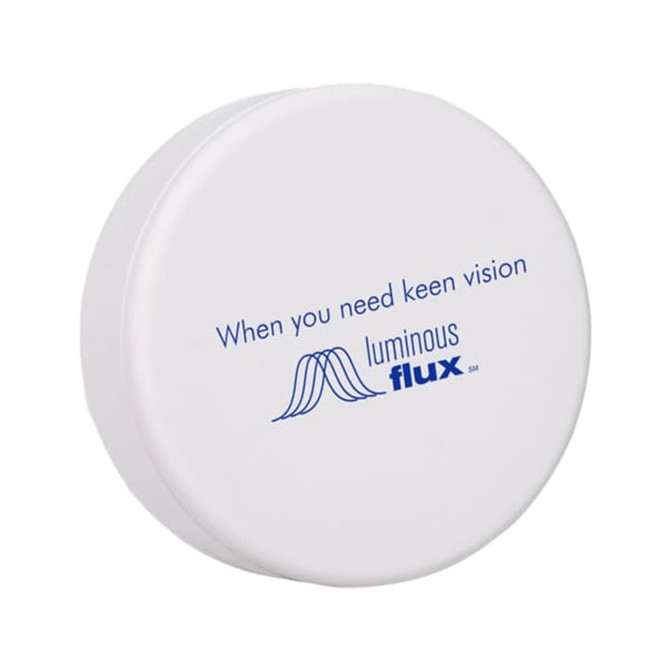 A white circular container with a blue logo and text, designed for holding a product related to vision enhancement.