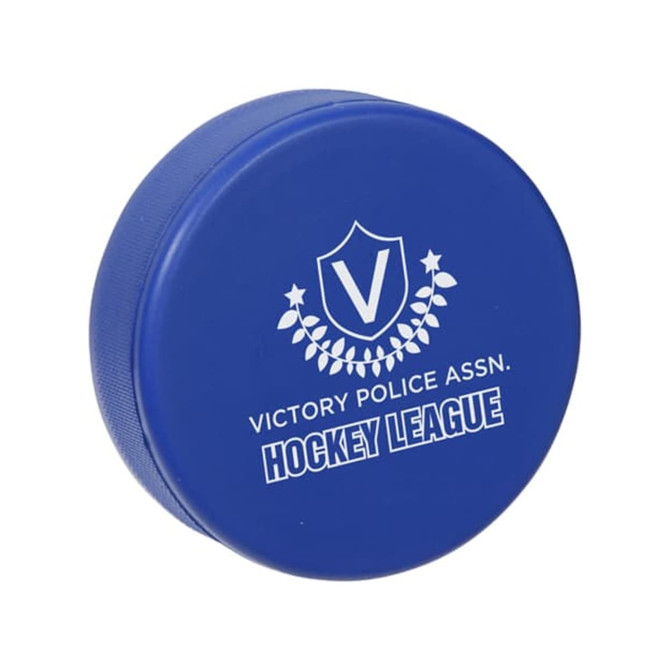 A blue hockey puck-shaped stress reliever with a logo and text on the surface.