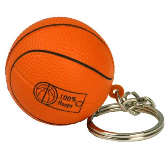 An orange basketball-shaped stress item attached to a silver keyring. It has textured surface details. An orange basketball-shaped stress item attached to a silver keyring. It has textured surface details.