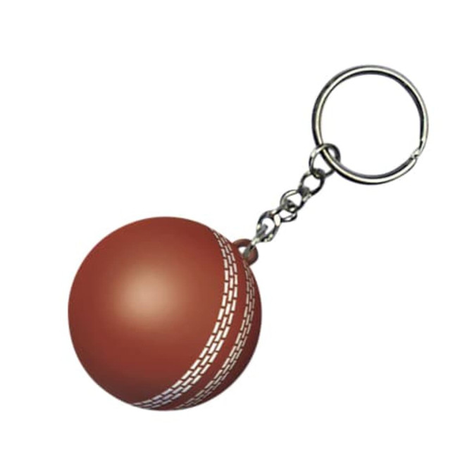 A cricket ball-shaped stress reliever keyring with a silver chain, featuring a brown colour. It includes a logo. A cricket ball-shaped stress reliever keyring with a silver chain, featuring a brown colour. It includes a logo.