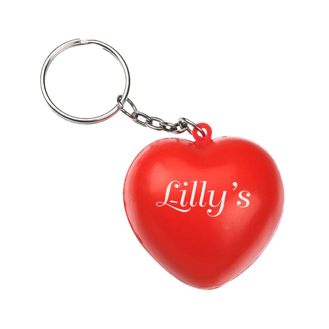 A red heart-shaped stress reliever keyring with a metal chain and a logo. A red heart-shaped stress reliever keyring with a metal chain and a logo.