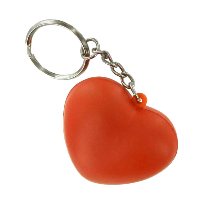 A red heart-shaped stress reliever attached to a silver keyring. A red heart-shaped stress reliever attached to a silver keyring.